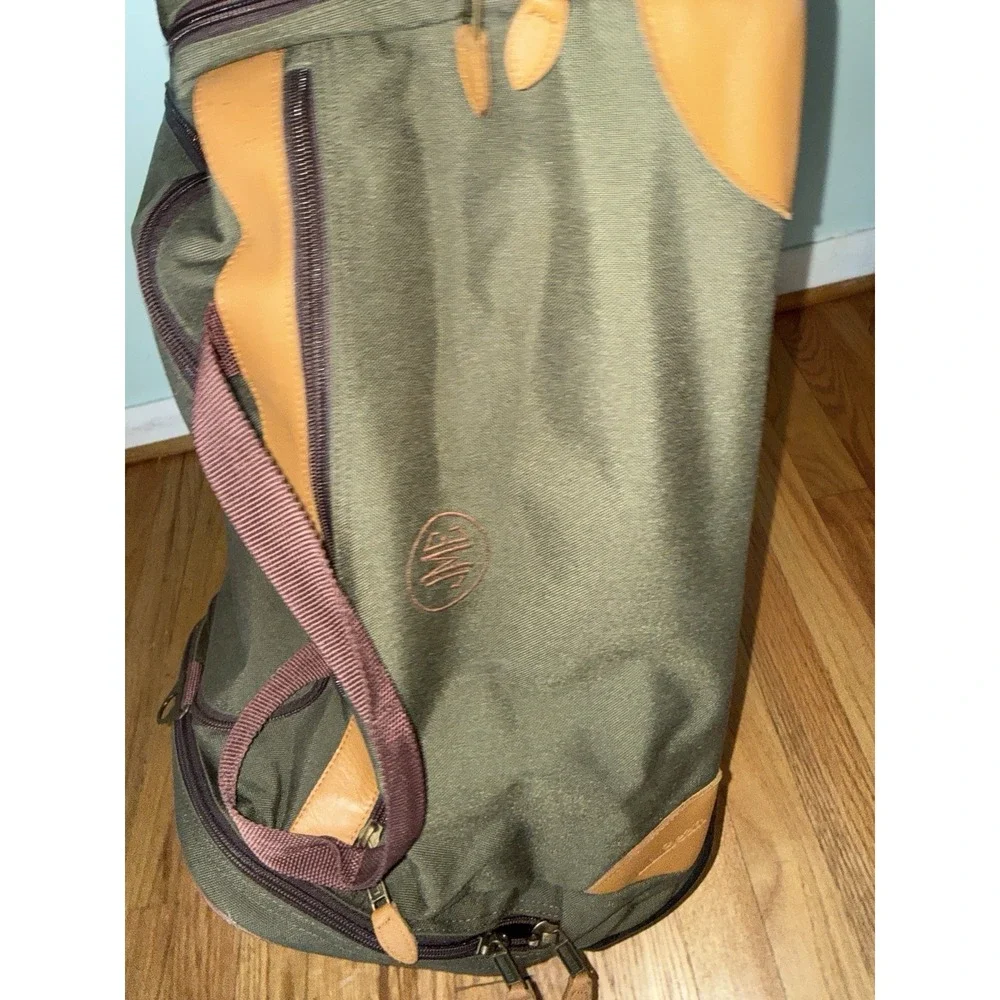 VTG LL Bean Rolling Duffel Bag Canvas Green Leather Trim‎ Embroidered Carryon